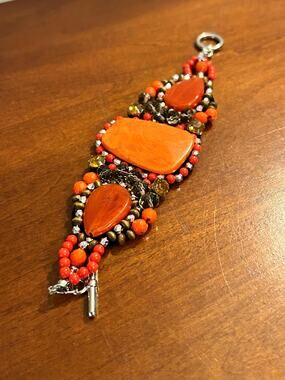 Handmade Beaded Statement Bracelet - Orange Red Gold Silver 6" Fabric Backed